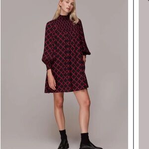 WHISTLES DAISY TRELLIS MINI DRESS SMOCKED LONG SLEEVE pockets